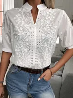 Summer Women's White Top Blouse New Fashion Elegnat V Neck Short Sleeve Casual Office Party Tops Shirts Female Lace Shirt 1