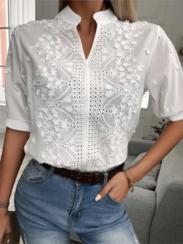 Summer Women's White Top Blouse New Fashion Elegnat V Neck Short Sleeve Casual Office Party Tops Shirts Female Lace Shirt 1