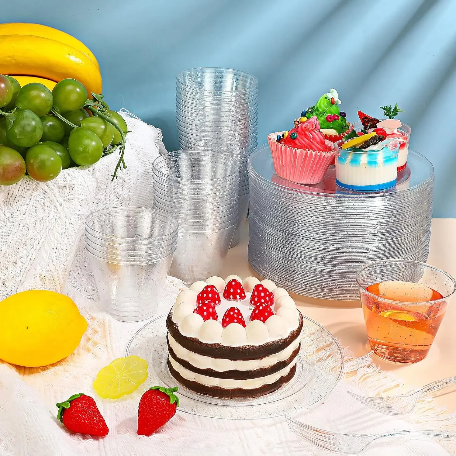 300 Pcs Plastic Dinnerware Set Disposable for Party, 100 Glitter Plastic Plates 7.5 Inch,100 Cup 9 Oz, 100 Dessert Forks