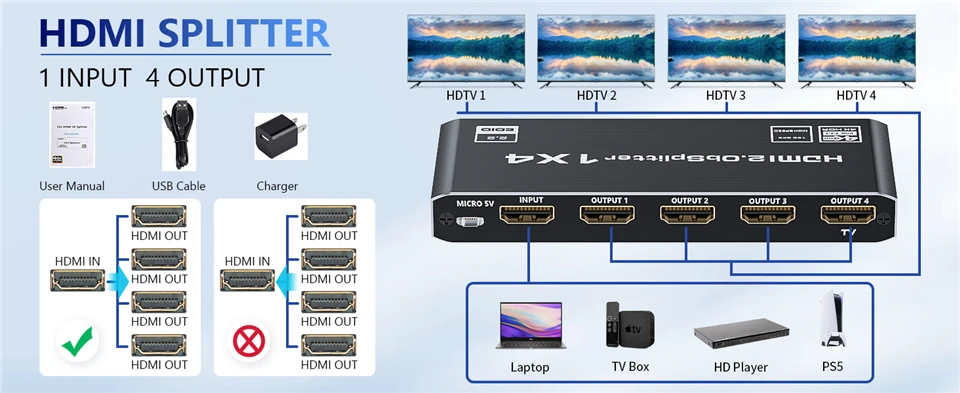 4K 60Hz HDMI-compatible Splitter 1 input 4 outputs HDMI Adapter one to 2 4 HD Vi
