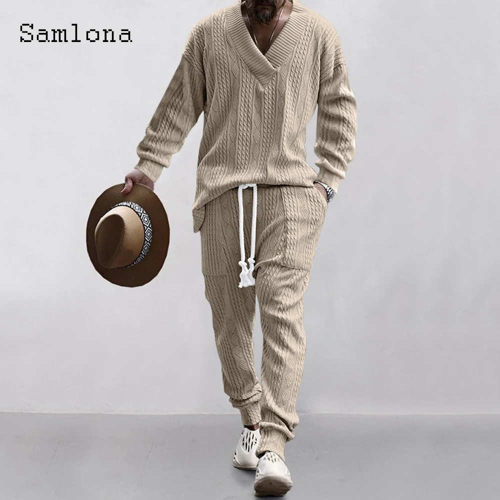 Mens Casual Knitting Two Piece Sets 2023 New Winter Fashion Irregular Top Sweater and Solid White Sweatpants Male Tracksuits Set 6