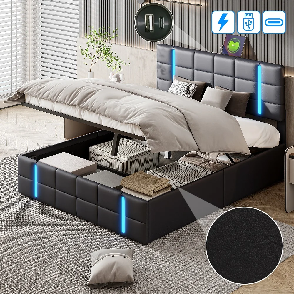 Letto imbottito in PU Lazyspace, struttura letto contenitore sollevabile, 2 porte USB + luce LED, mobili moderni per la camera da letto di casa 140/160x200 cm 3