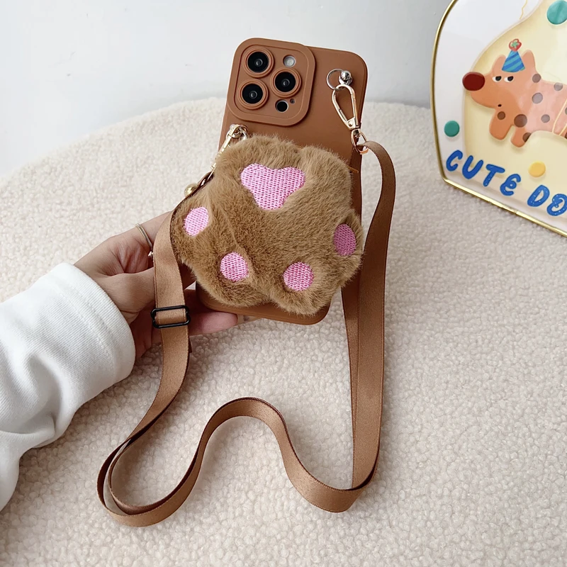 Plush Cat Paws Wallet Case with Rope - Enhanced Design