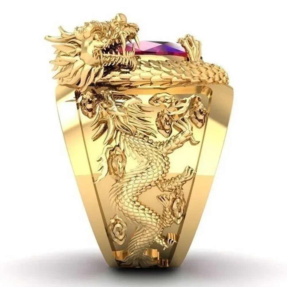 Finger Rings Huitan Gold Color Dragon Pattern Men Inlaid Big Oval Red Stone Noble Wedding Party Male Trendy Jewelry