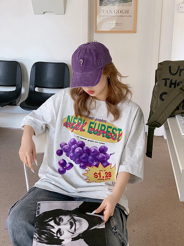 

Korean style pure cotton fun grape print round neck t-shirt short sleeve women 2024 new summer pure cotton half-sleeved top y2k