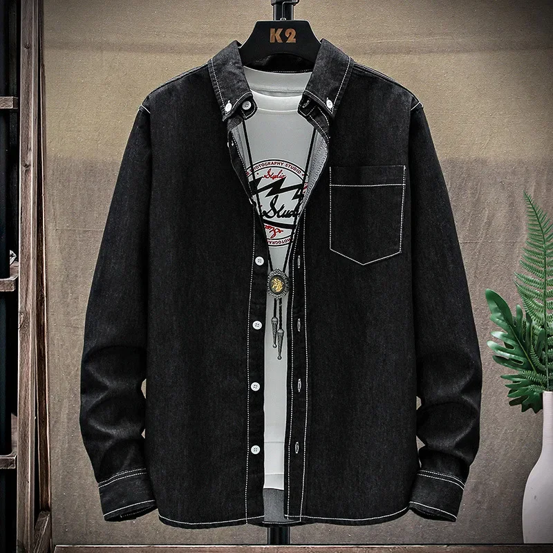 Fashion Large Cotton Denim Long Sleeved Men's Casual Large Loose Work Coat Fashion Shirt Formal Cotton Slim Men Shirt denim shirt long sleeved shirt