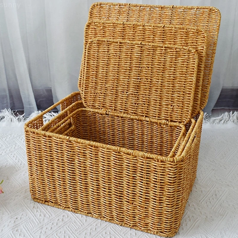 Baskets with Lid Storage Box Cover Closet Organizer Imitation Rattan Baskets  for Clothing Clothes Food  Kitchen  Organizer 3