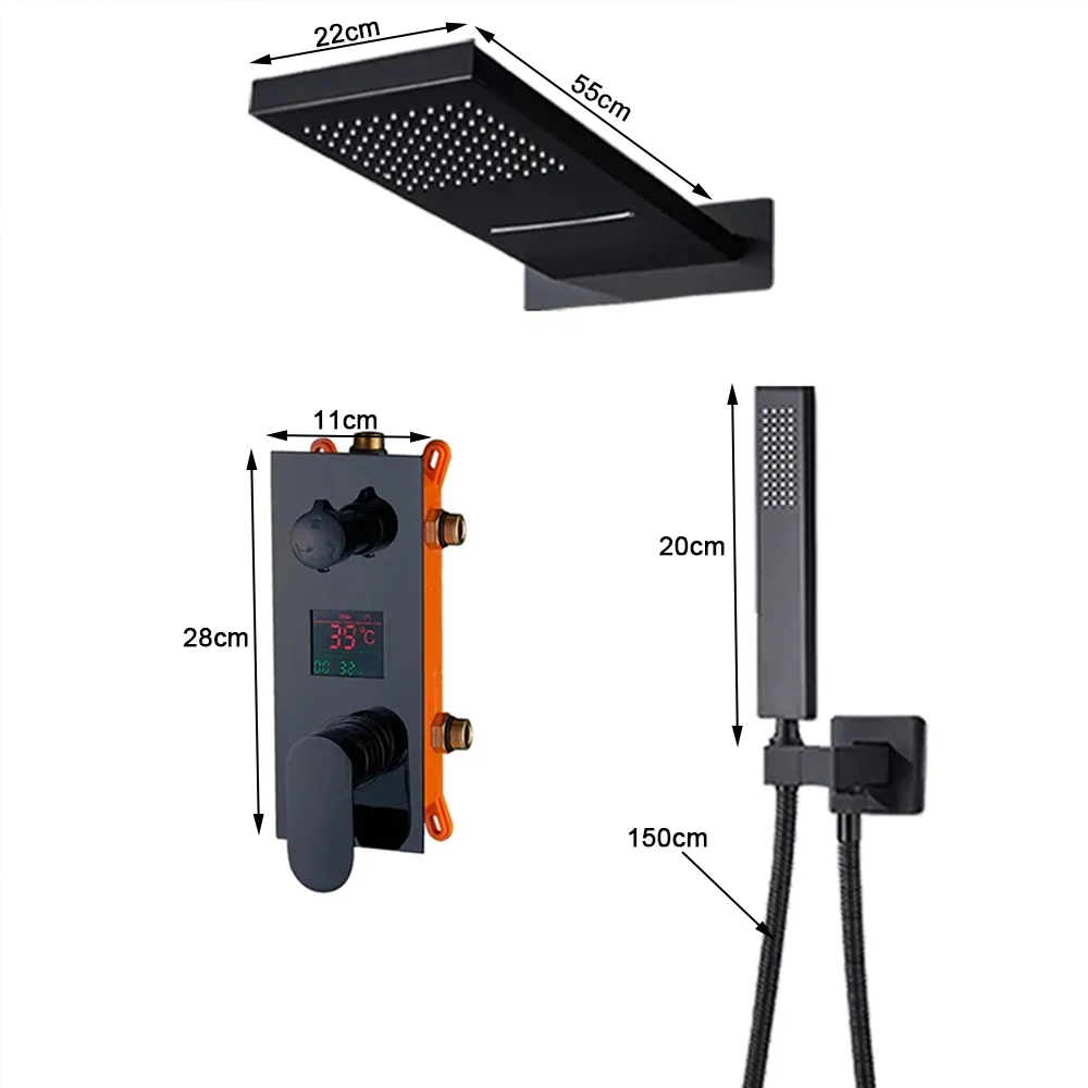 Bathroom Shower Faucet Set Black Thermostatic Faucet Rainfall Waterfall Embedded Shower System
