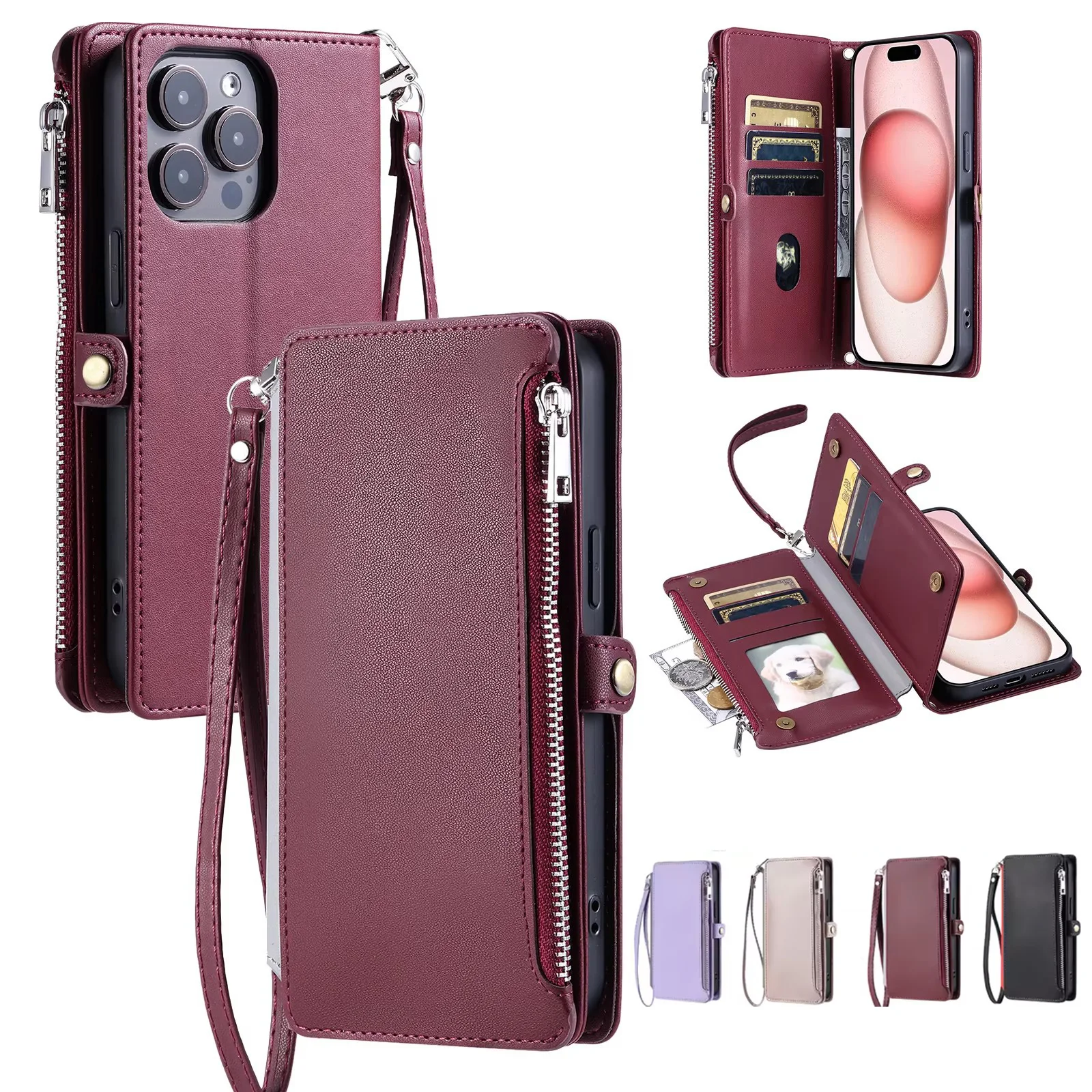 Crossbody Zipper Wallet Case with Multi Card Slots and Leather Lanyard Flip Cover