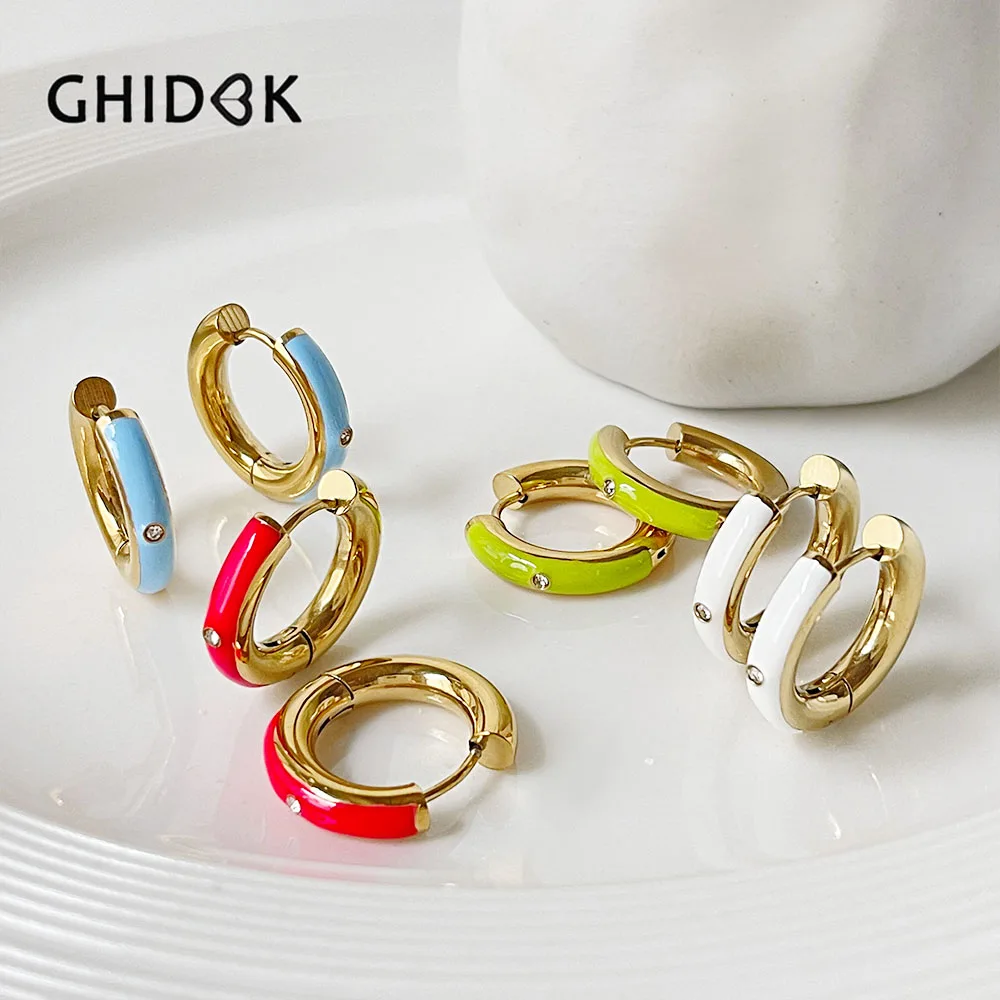Ghidbk Summer Colorful Rhinestone Enamel Huggie Hoop Earrings for Women 316L Stainless Steel Dainty Gold Neon Earrings Hoops