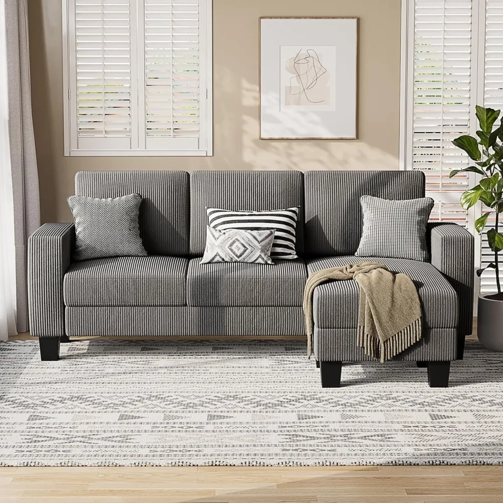 Sectional Sofa Couch, 3 seat L-Shaped Small Sofa with Movable Ottoman Couch for Apartments,(Corduroy, Grey) Children's Sofas 2