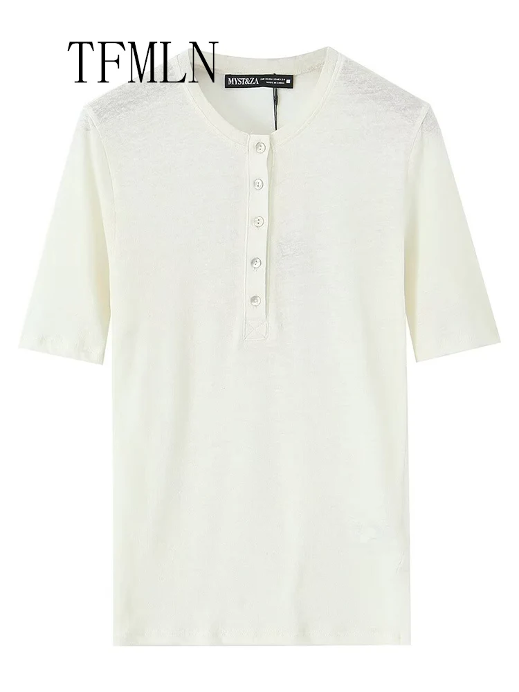 TFMLN 2025 Summer Women Solid Causal T-Shirt Fashion O-neck Short Sleeve Translucence Chic Tops High Street Girls Button Shirts