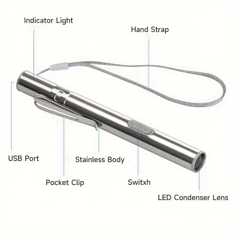 USB 충전식 미니 펜라이트 LED 손전등, 구강 동공 조명 펜, 휴대용 포켓 토치 라이트, 야외 낚시 도구, 1 개