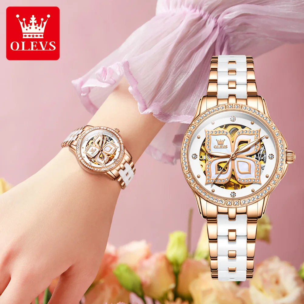 OLEVS Brand Luxury Diamond Mechanical Watch for Women Waterproof Luminous Fashion Skeleton Ceramics Watches Womens Montre Femme