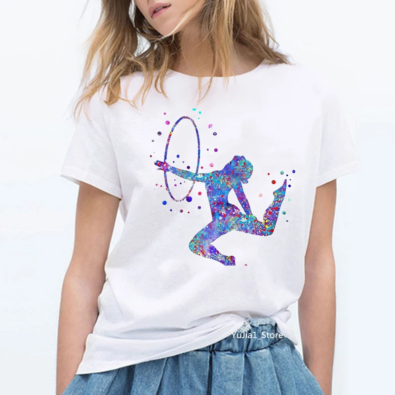 Watercolor Gymnastics girl printed tshirt women summer harajuku kawaii top female white t shirt sports lover birthday gift tees cute unicorn t shirt women fun korean style harajuku t shirt ullzang unicornio kawaii cartoon tshirt 90s graphic top tees female