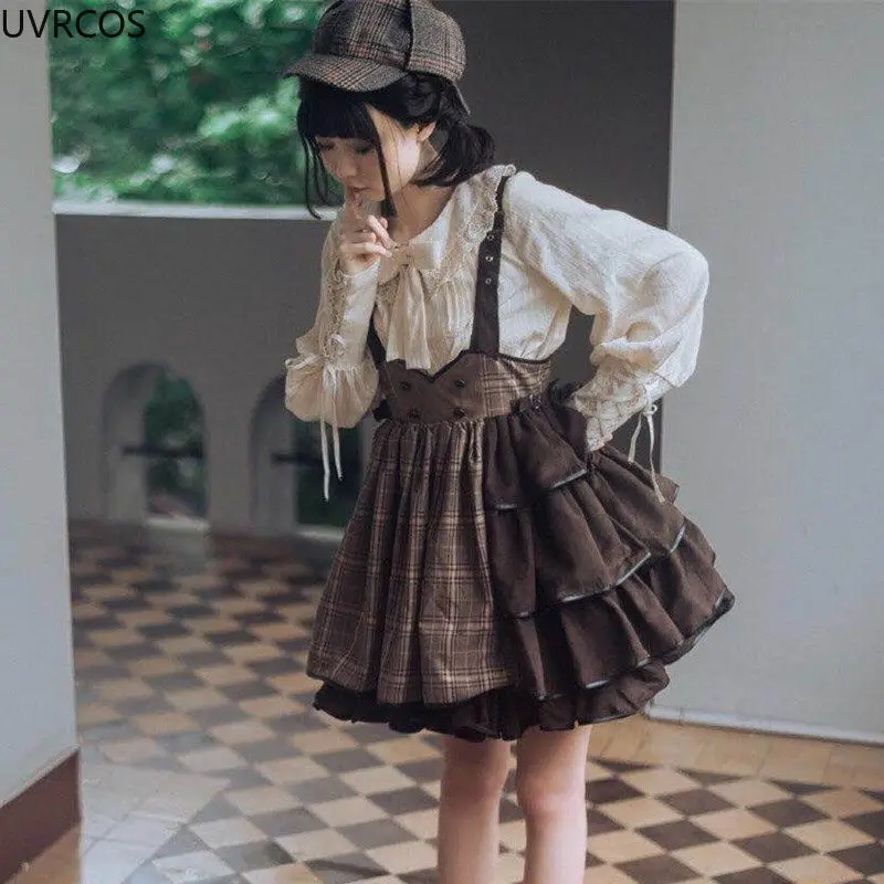 Spring Summer Japanese Gothic Lolita Jsk Dress Women Kawaii Ruffle Harajuku Brown Strap Dress Girls Punk Loli Tea Party Vestidos lolita dress lolita suspender dress lolita cosplay costumes suspender dress