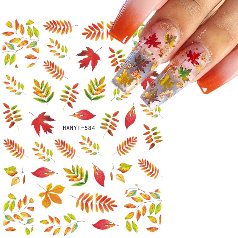 Nail Art Decals Autumn Winter Maple Leaf Fruit Back Glue Nail Stickers Decoration For Nail Tips Beauty 12pcs watercolor flower water transfer nail stickers summer ocean animal fruit nail decals floral leaf nail art decoration