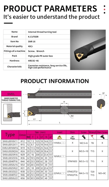 SNR Threading Boring Bar Set With Inserts - 4 Lathe Tool Holders & 14 Carbide Inserts For Internal Threading (8mm, 10mm, 12mm, 13mm Shanks)