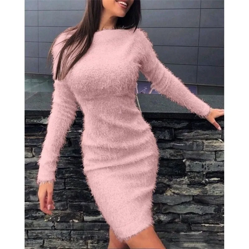 

Women's Plush High Waist Long Sleeved Dress, Elegant Slim Mini Dresses, Temperament Commuting, Autumn, New Fashion