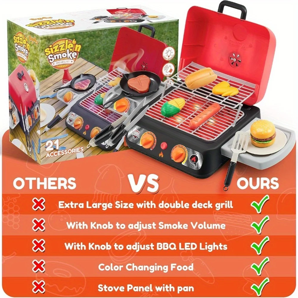 JOYFY Kids BBQ Grill Playset Kitchen Toy Set with Pretend Smoke Light Color-Changing Food for Boys Girls Kids Birthday Gift