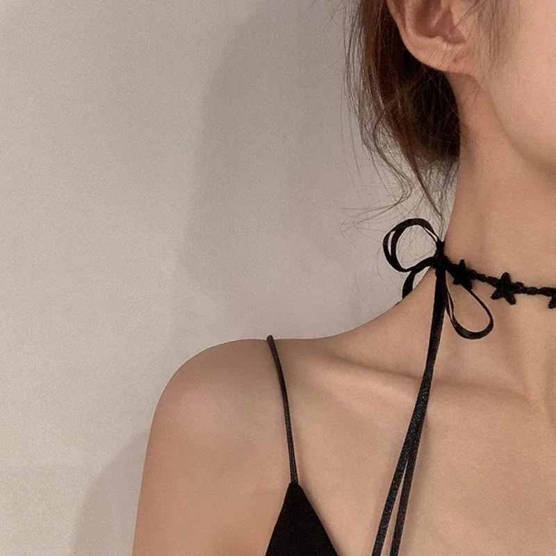 Gothic Victorian Star Choker Necklace Vintage Black Lace Clavicle Chain for Women Girls Trend Wedding Party Jewelry Gift