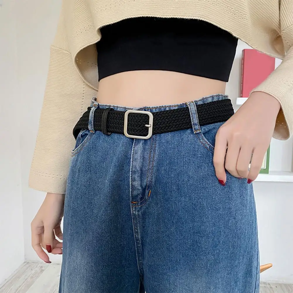 

105cm Canvas Woven Belt For Unisex Round Square Buckle Pin No Holes Jeans Black Belt Luxury Brand Vintage Strap Female Waistband