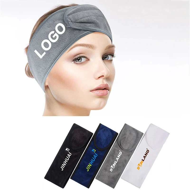 

200pcs Custom Logo Embroidery Makeup Spa Hairband With Magic Tape Beauty Headband Facial Headbands Hair Wrap Microfiber Cotton