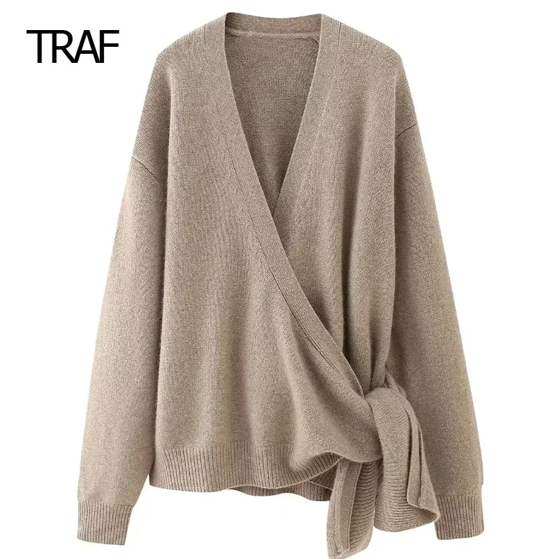 

TRAF Women's Sweater Autumn Winter Knitted Knot Cardigan V-Neck Long Sleeve Top New In Knitwears Elegant Luxury Designer Coats