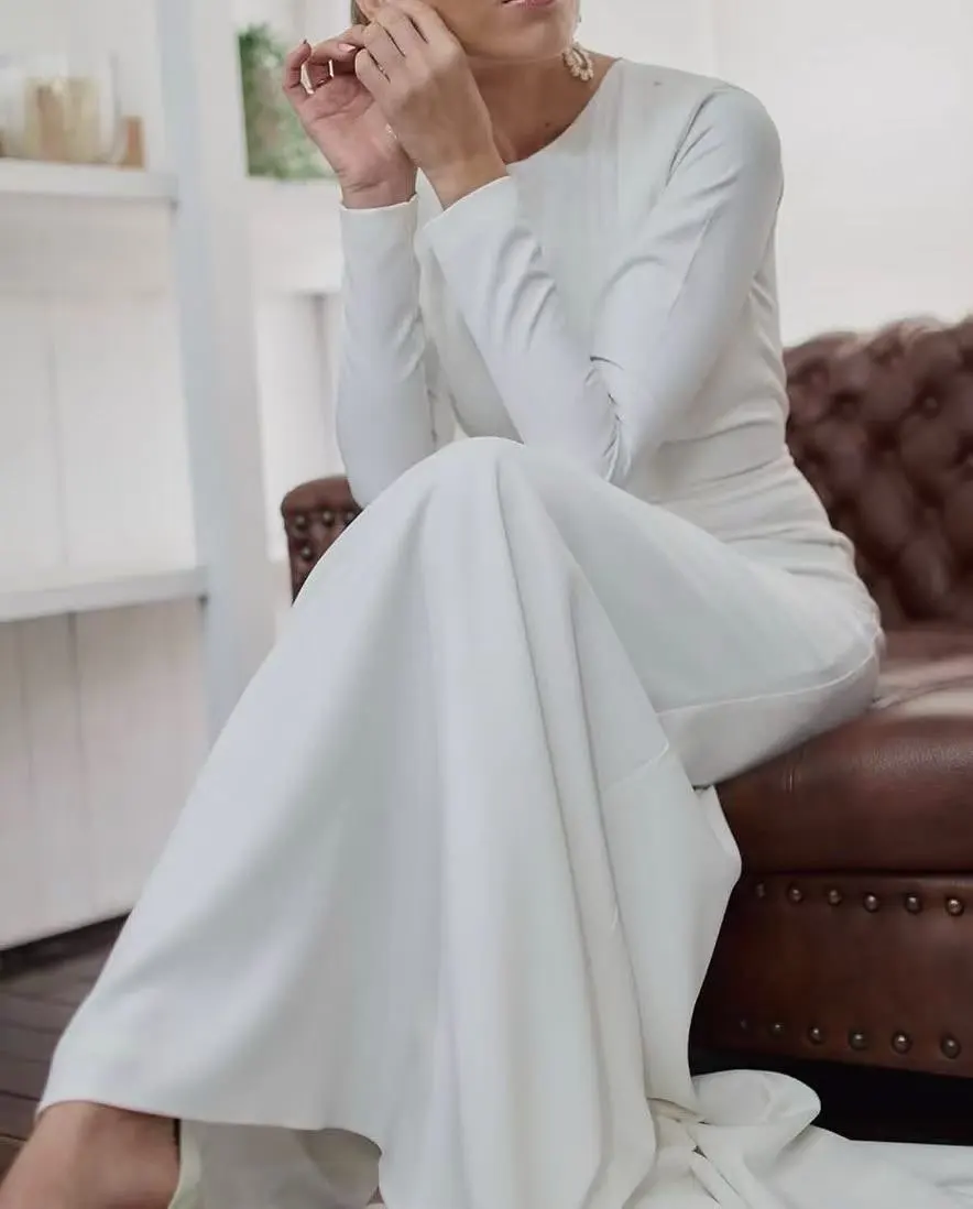 Customized Long Sleeves Muslim Arabic Wedding Dresses Woman Elegant Korea Plus Size Soft Satin Bridal Gowns Vestidos De Novia