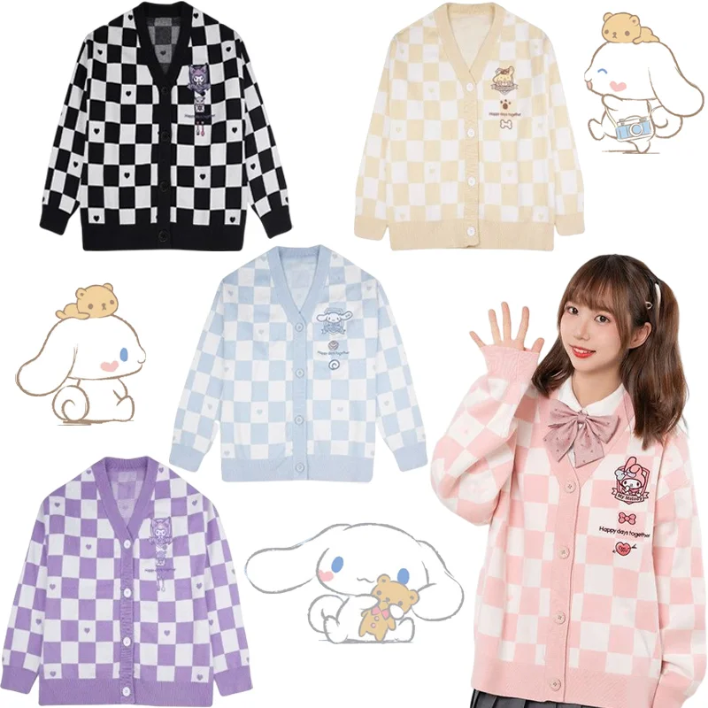 

Sanrio Kawaii Cinnamoroll Knitted Sweater Kuromi My Melody Pompompurin Versatile Loose Jk Uniform Checkerboard Sweater Cardigan