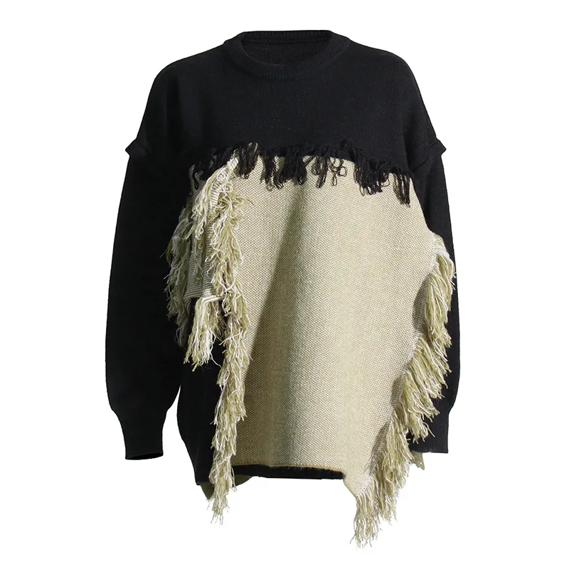 

Autumn Winte Knitted Sweater for Women Fashion Patchwork Tassel Oversized Jumpers Long Sleeve Round Neck Causal Sweaters 2023
