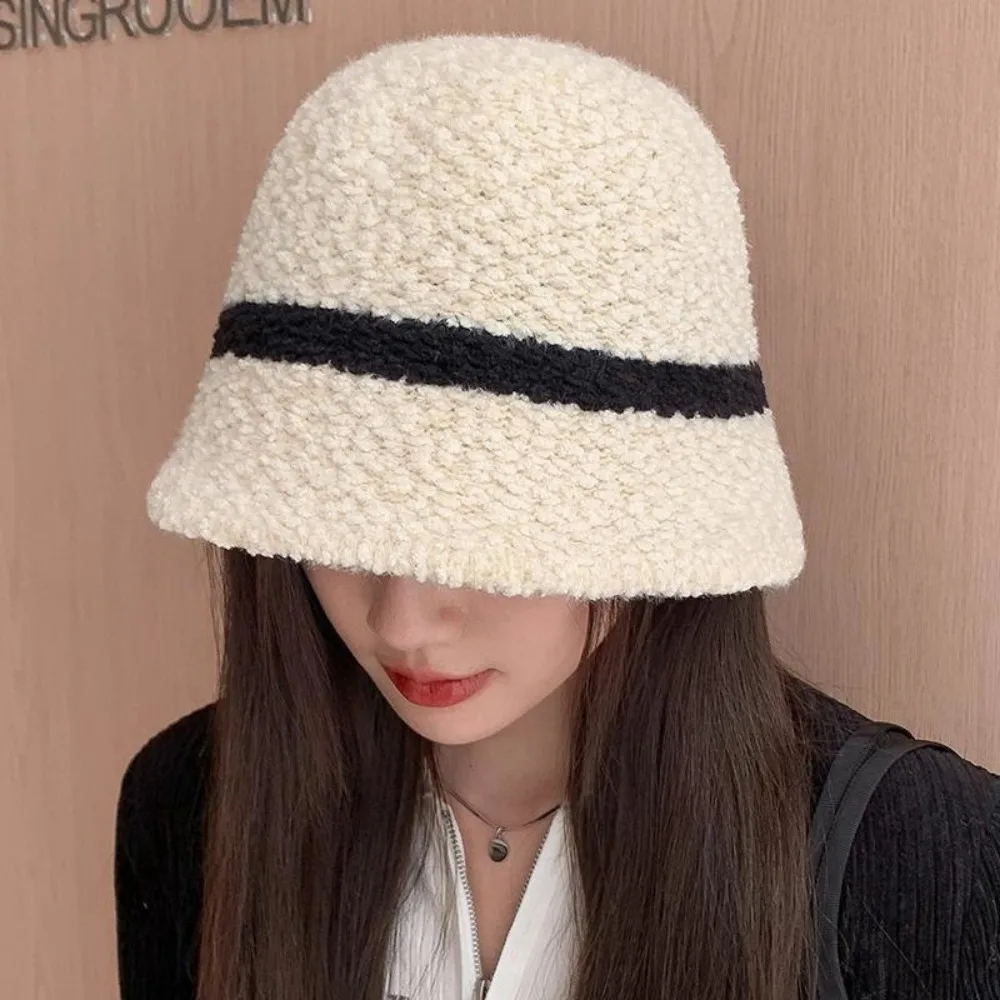 여성용 줄무늬 어부 모자, 혼합 색상 양모 양털 모자, 머리 장식, 따뜻한 버킷 캡, 패션