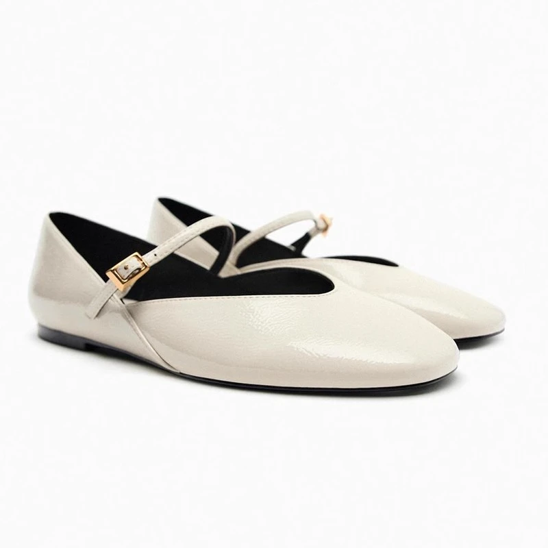 Front view of Merendy Dallas Round Toe Leather Bold Glossy Mary Jane Ballet Shoes-In white