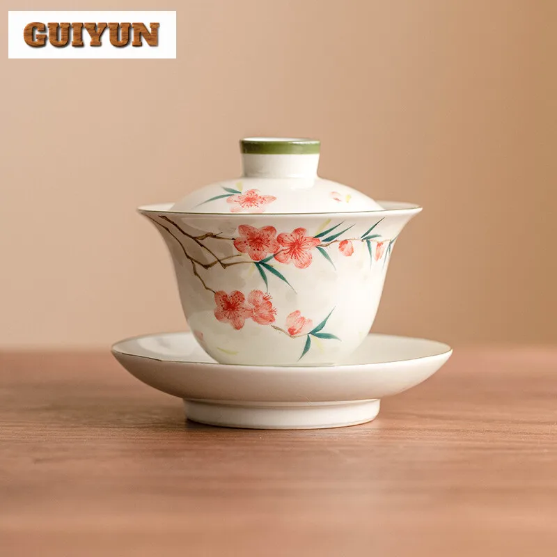 110ml Hand-painted Peach Blossom Gaiwan Traditional Three Talent Tea Tureen Tea Maker Cover Bowl Services Supplies Craft