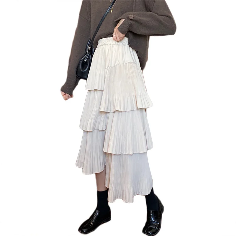 Asymmetric Pleated Cake Skirt Women's Versatile Medium And Long Ruffle Irregular Skirts Female Fashion 2024 New Pleated Women's