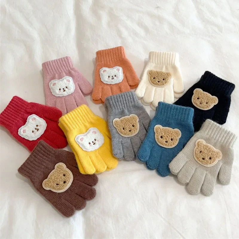New Children Warm Gloves Autumn Winter Cartoon Bear Baby Five Finger Mittens Students Toddler Writing Cycling Mitten 1-4Y