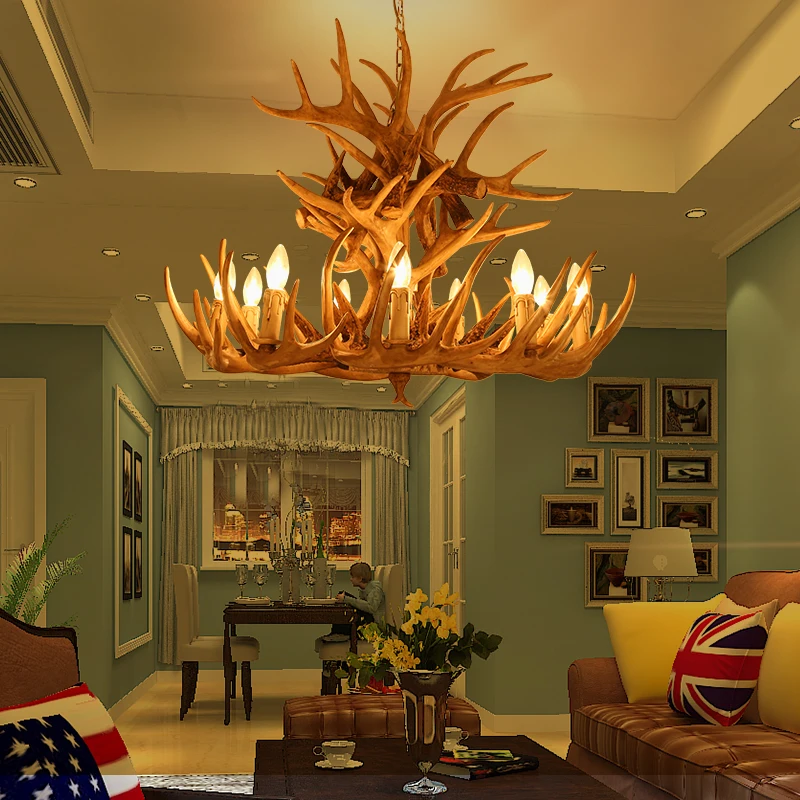 

Retro Resin Antler Pendant Chandelier for Living Room 4 6 9 Arms Hanging Lamp Brown White E14 Deer Horn Lights House Decoration