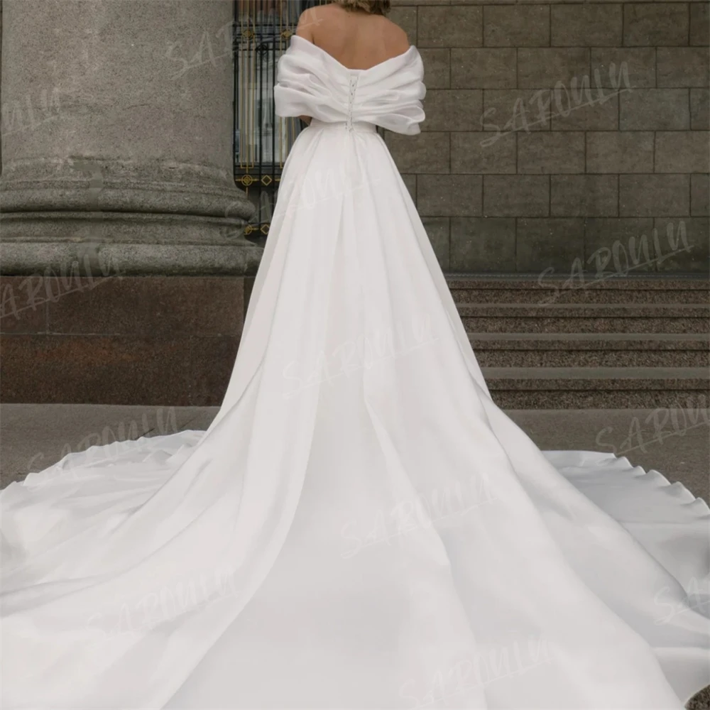 Romantic Satin Slit Wedding Dress Court Train Off The Shoulder Pleated Puff Sleeve Bridal Gown Bride Dresses Robe De Mariee 4