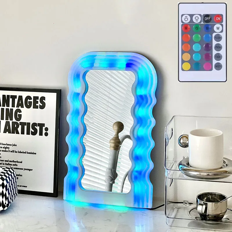

LED Light Glowing Wave Mirror with Cosmetic Make Up Mirror Makeup Desktop Irregular Mirror Aesthetic Creative Ayna Room Decor