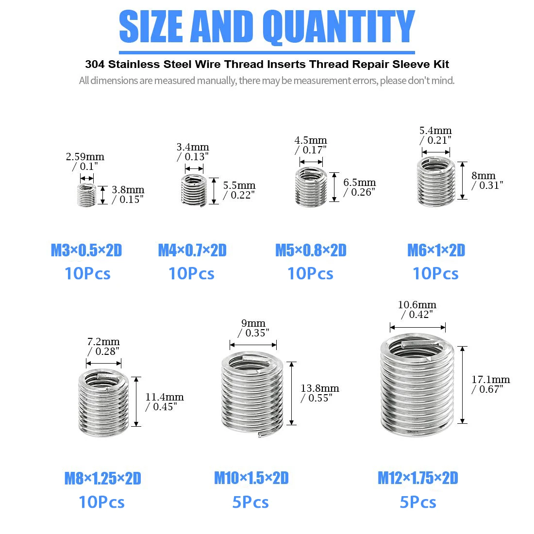 Wire thread insert 60Pcs M3 M4 M5 M6 M8 M10 M12 stainless steel spiral screw sleeve repair