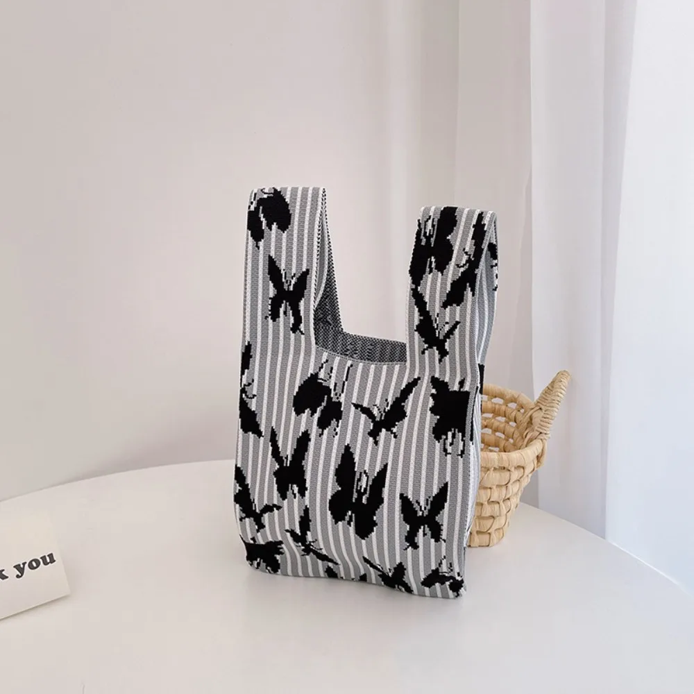 Handmade Knit Handbag Women Mini Knot Wrist Bag Japanese Casual Color Wide Stripe Plaid Tote Bag Student Reusable Shopping Bags
