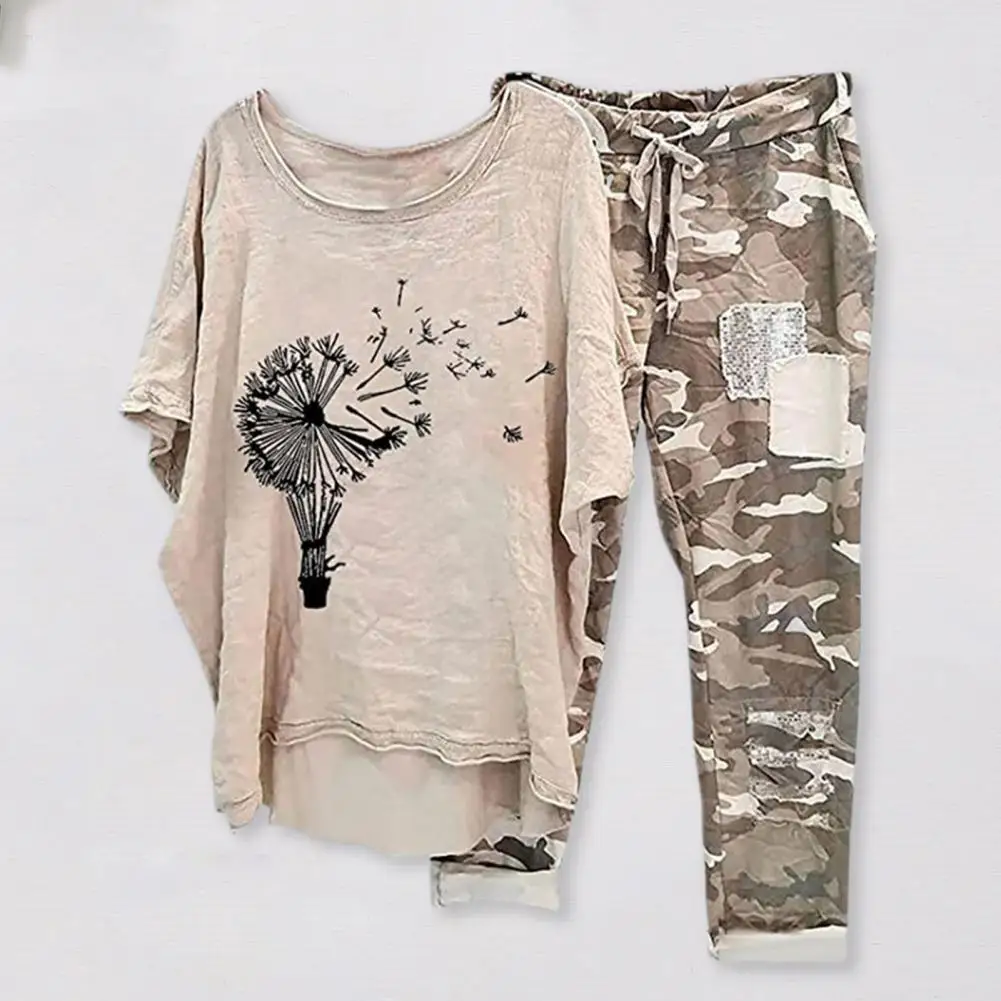 2 Pieces/set Women's Tops And Pants Suit Camouflage Print Short Sleeves Loose Drawstring Elastic Waist Women's Casual Suit