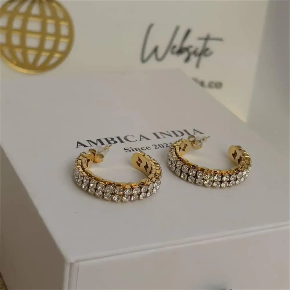 Exquisite Inlay Zircon C-shape Huggie Hoop Earrings 18K Gold Plated Non Tarnish Earring Minimalist Texture Femal Jewelry Gifts