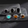 Geometric Turquoise Tiger Eyes Natural Stone Ring for Men, Chunky Stainless Steel Signet Rings, Fashion Punk Finger Jewelry Gift