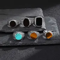 Geometric Turquoise Tiger Eyes Natural Stone Ring for Men, Chunky Stainless Steel Signet Rings, Fashion Punk Finger Jewelry Gift