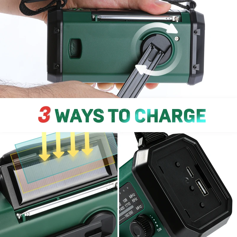 Portable Multifunctional Emergency Radio FM/AM/WB Weather Radio Solar Powered Charging Hand Cranked 10000mah Polymer