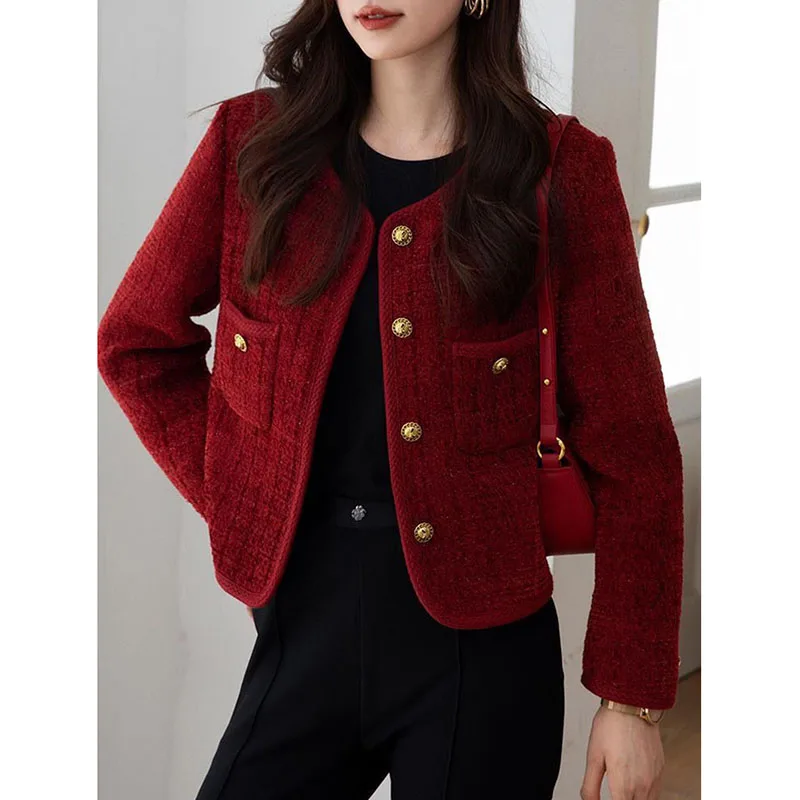 Lucyever 와인 레드 트위드 코트 여성 2025 가을 겨울 새로운 패션 기질 짧은 재킷 한국어 All-Match o-Neck Outerwear