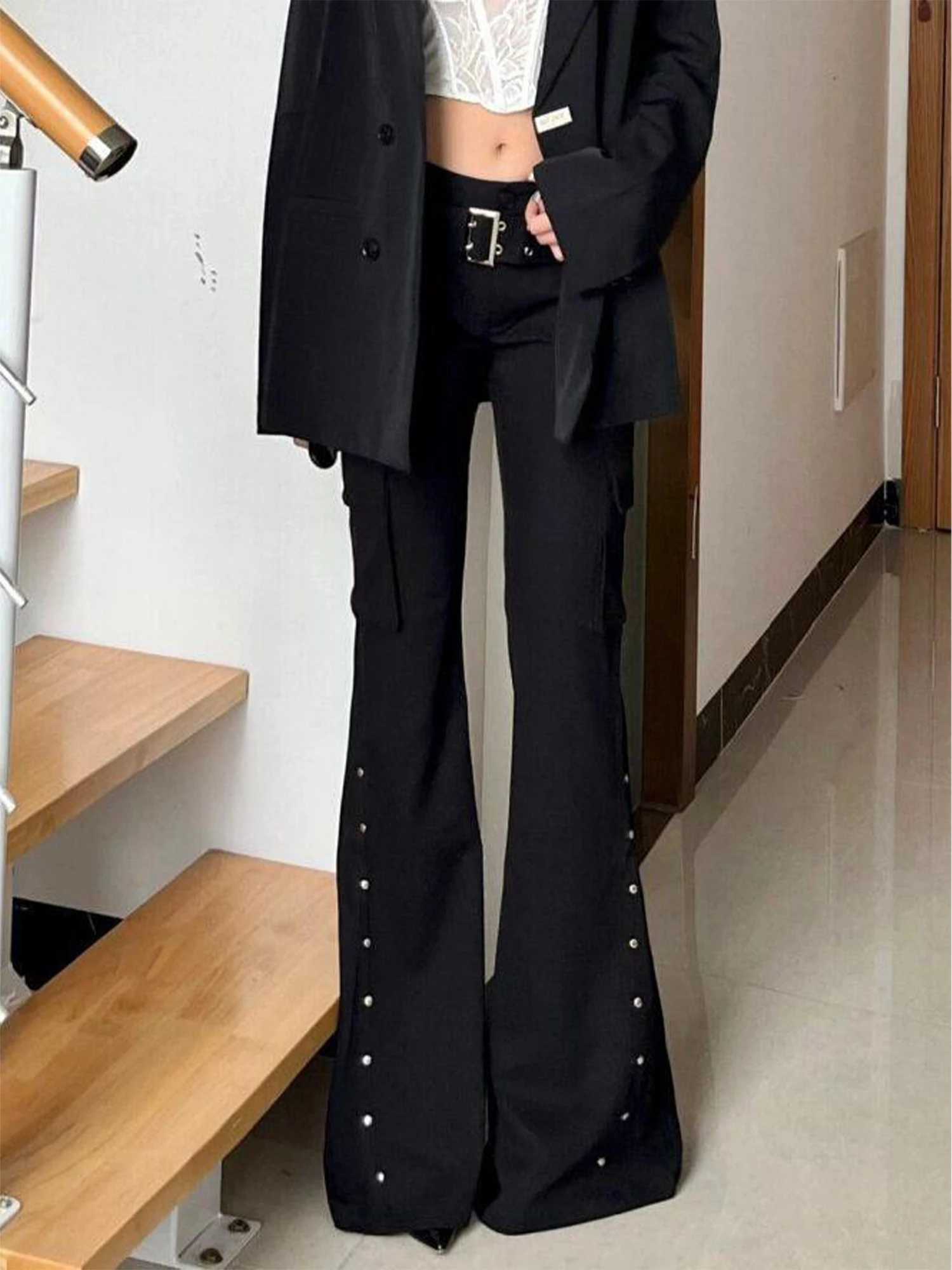 Women's Black Gothic Flare Pants Baggy Oversize Low Waist