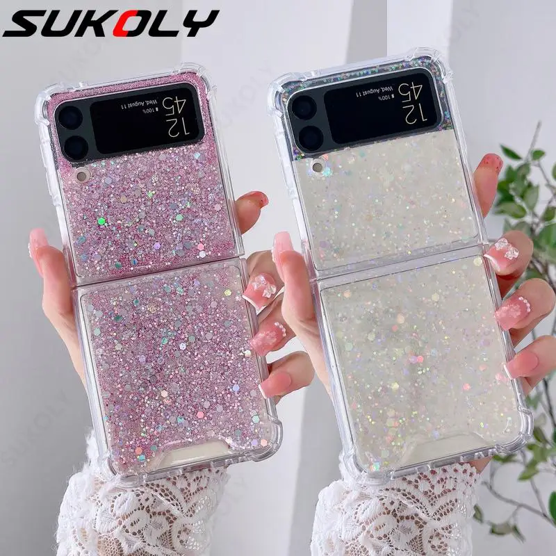 

Чехол для Samsung Galaxy Z Flip3 Flip4, прозрачный складной чехол с блестками для телефона Samsung Z, флип 5, флип-чехол, 4 дюйма, противоударный задний бампер