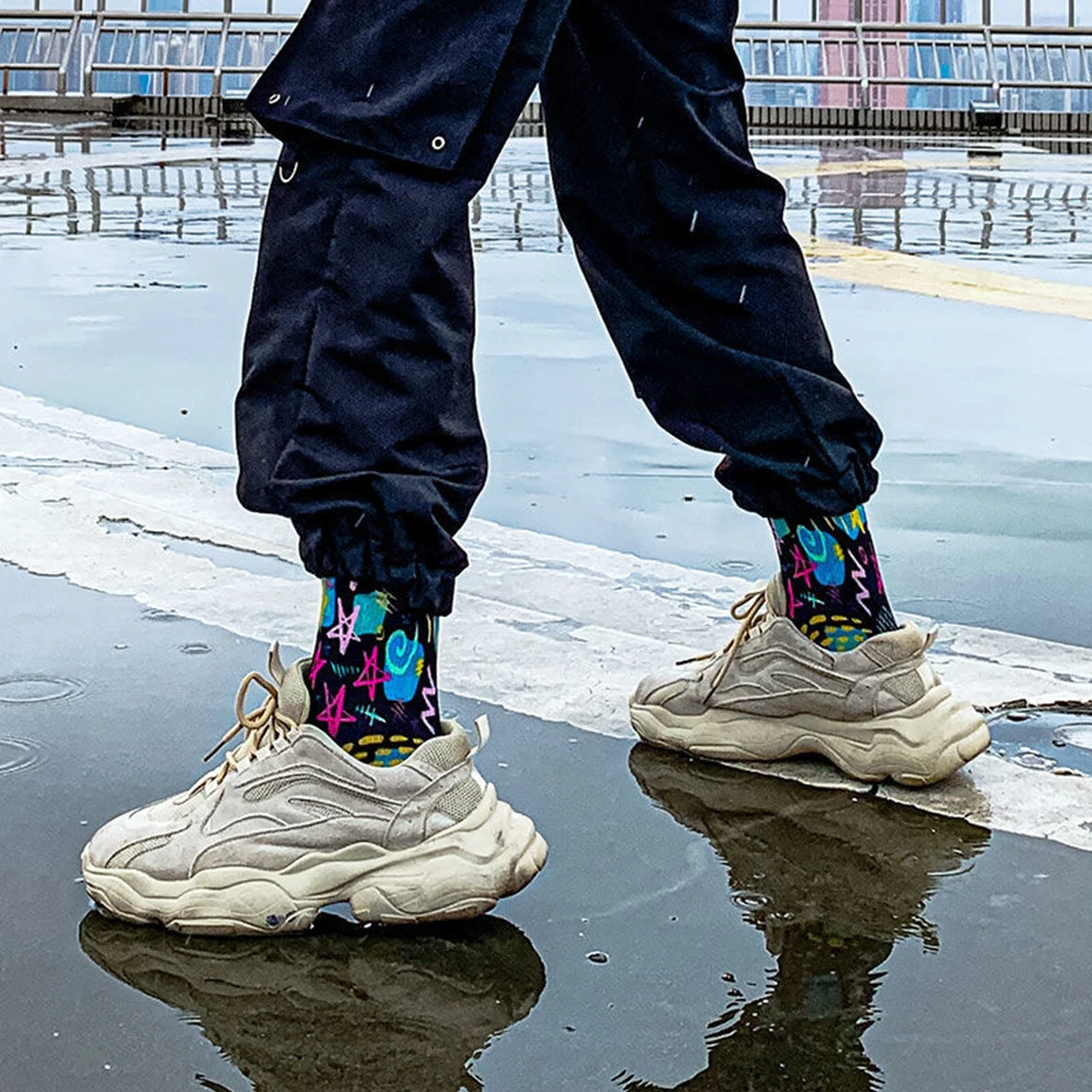 Fashion Men Socks 3Pairs Harajuku Cool Hip-Hop Skateboard Ins Color Trend Basketball Breathable Sports Running Long Socks Women